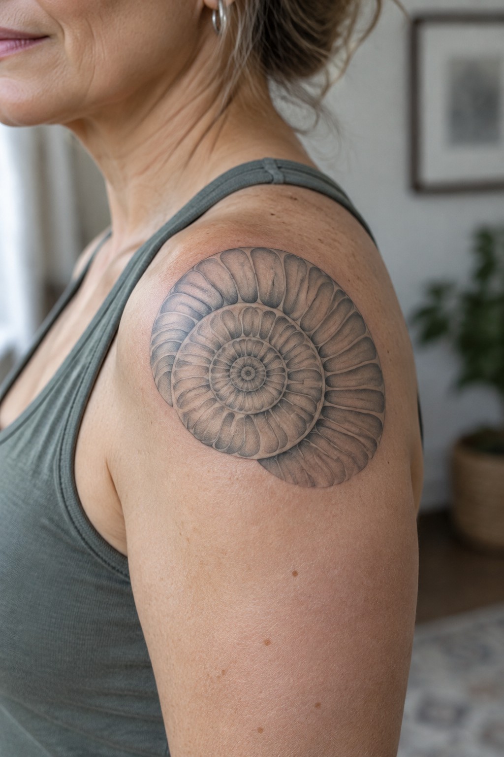 Realistic black and gray ammonite shell tattoo on a woman's upper arm and shoulder