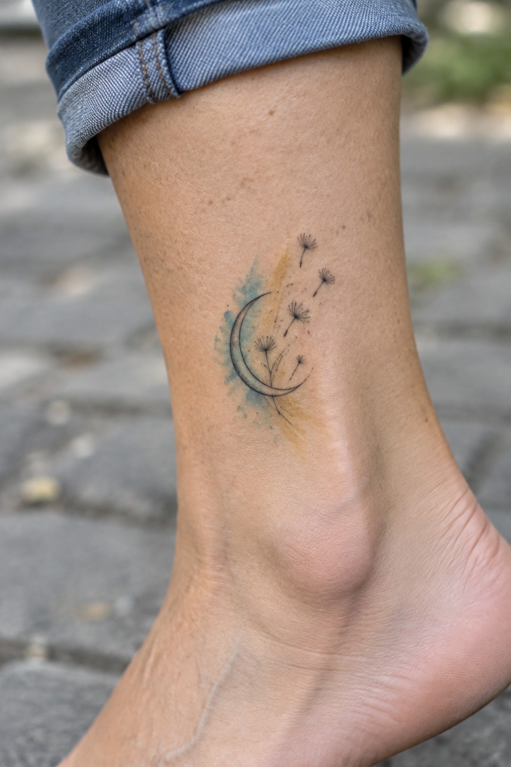 Cuffed blue jeans and ankle tattoo of crescent moon with floating dandelion seeds.