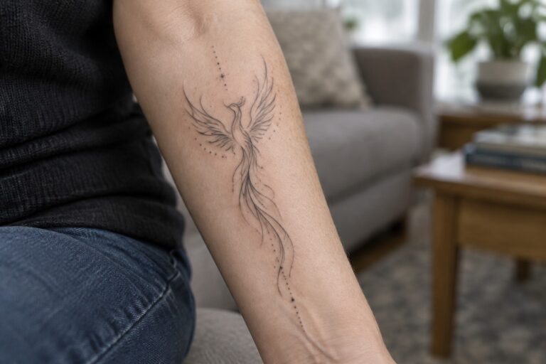 17 Elegant Spiritual Tattoos for Women Over 40 Centered on Transformation Symbols Phoenix tattoo on forearm with dotted lines, cream sweater and blue jeans in living room