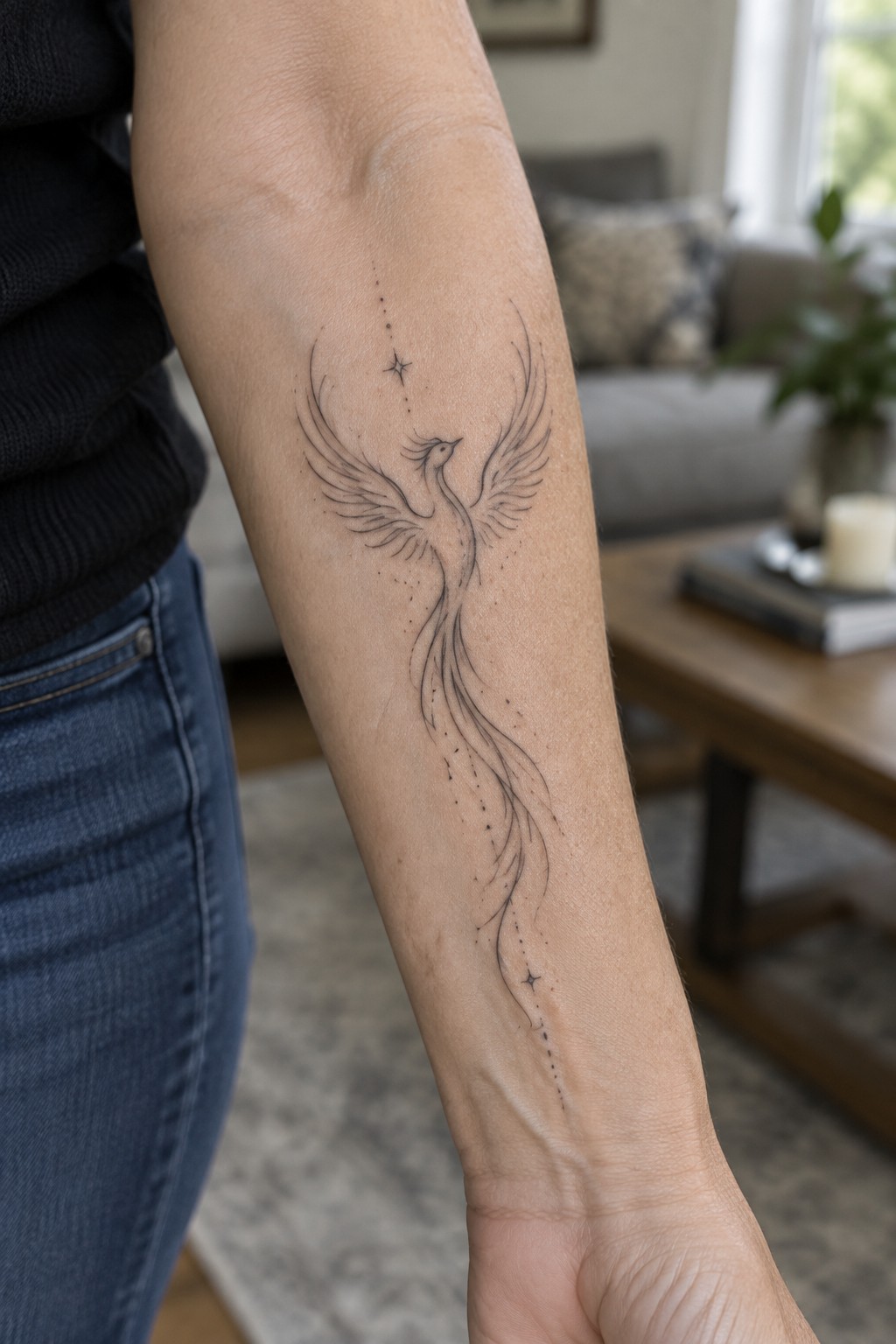 Phoenix tattoo on forearm with dotted lines, cream sweater and blue jeans in living room