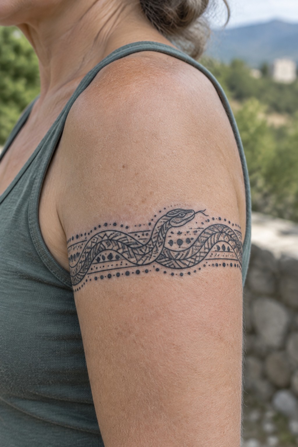 Black ink snake tattoo in a band style wrapping around a woman's upper arm with patterned scales and dotted borders.