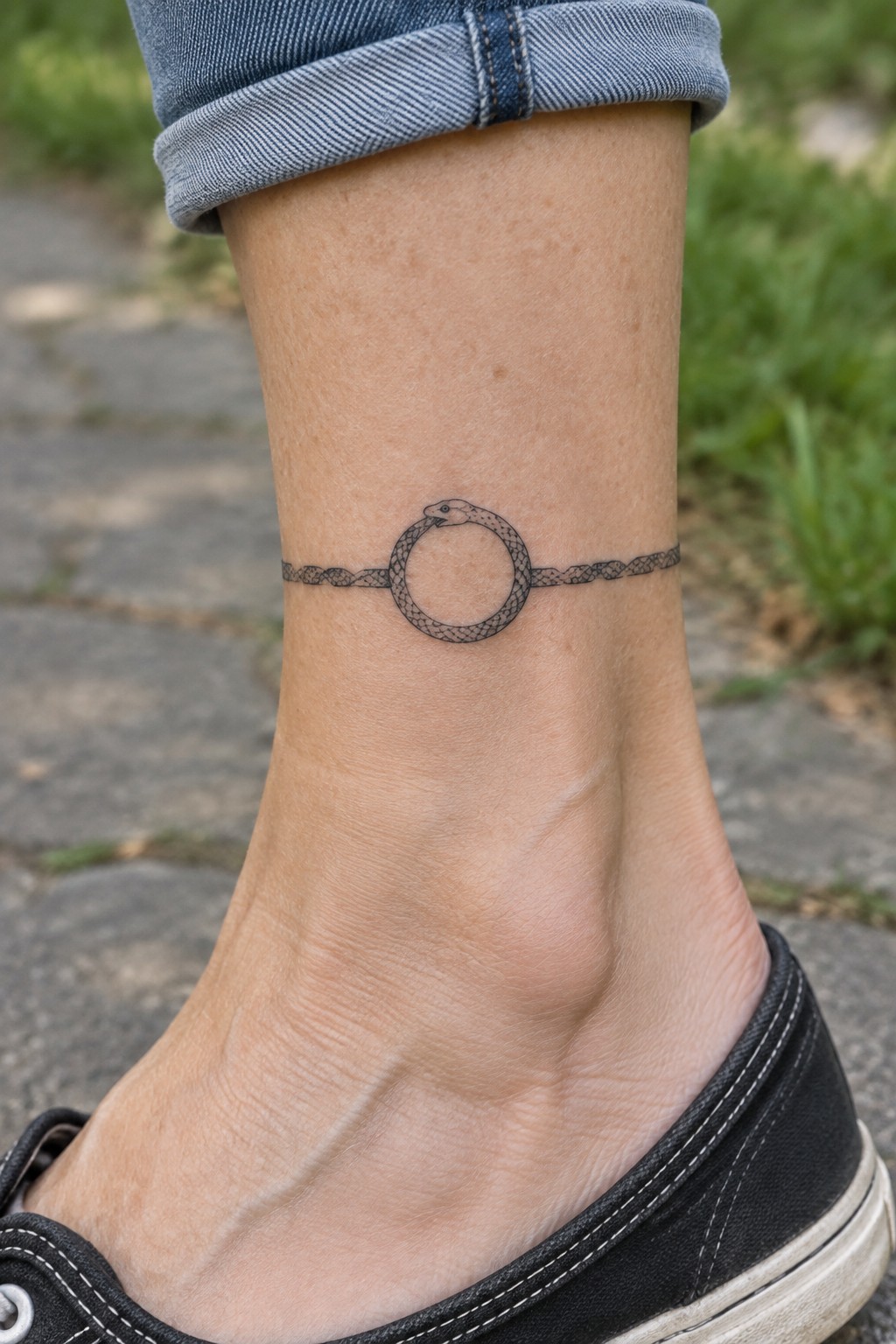 Black ink tattoo of a snake forming a circle on an ankle with braided lines extending on both sides