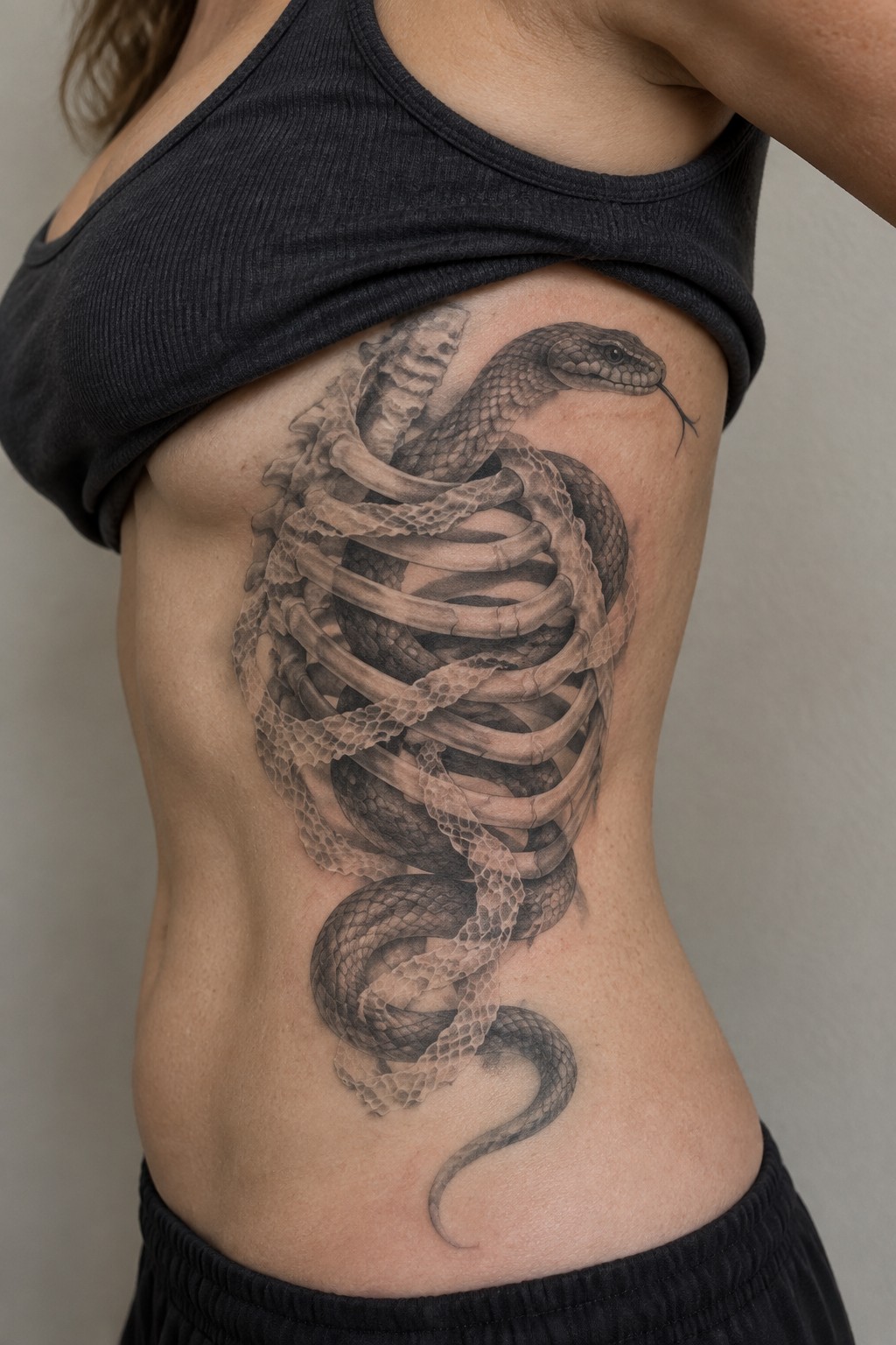 Realistic black and grey tattoo of a snake coiled around a ribcage on a woman's side torso