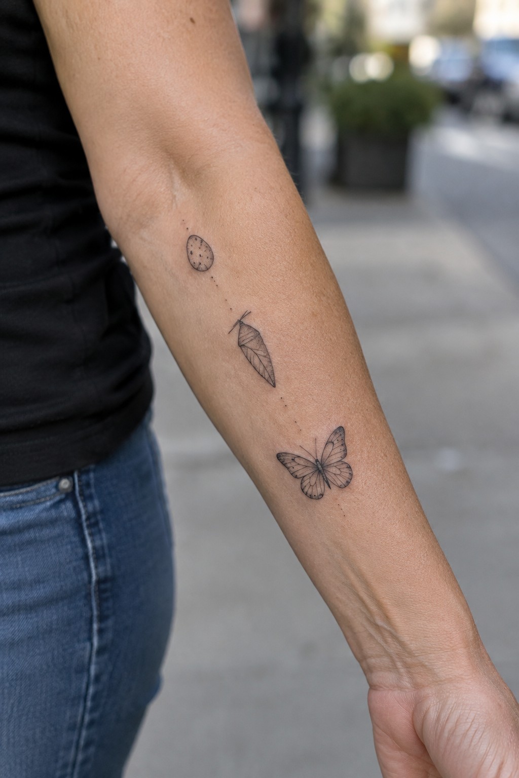 Fine line tattoo on the inner forearm showing a dotted circle, a leaf, and a butterfly connected by a dotted line in a vertical arrangement.