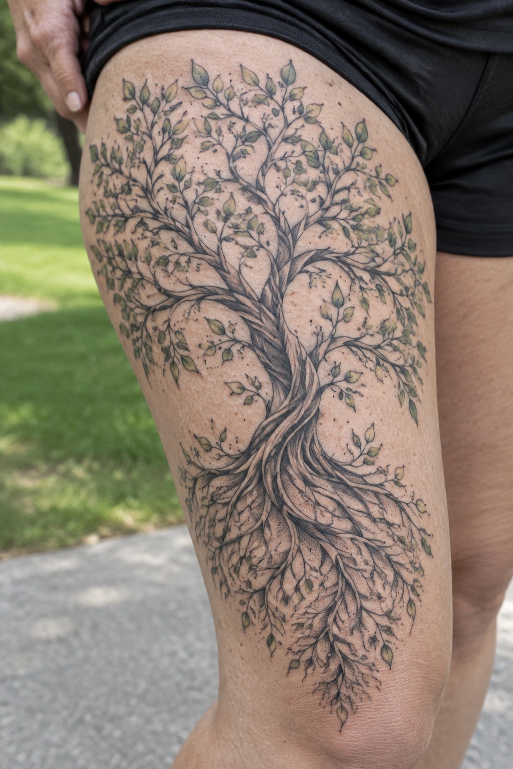 Detailed tree tattoo with green leaves and roots on a thigh in black shorts.