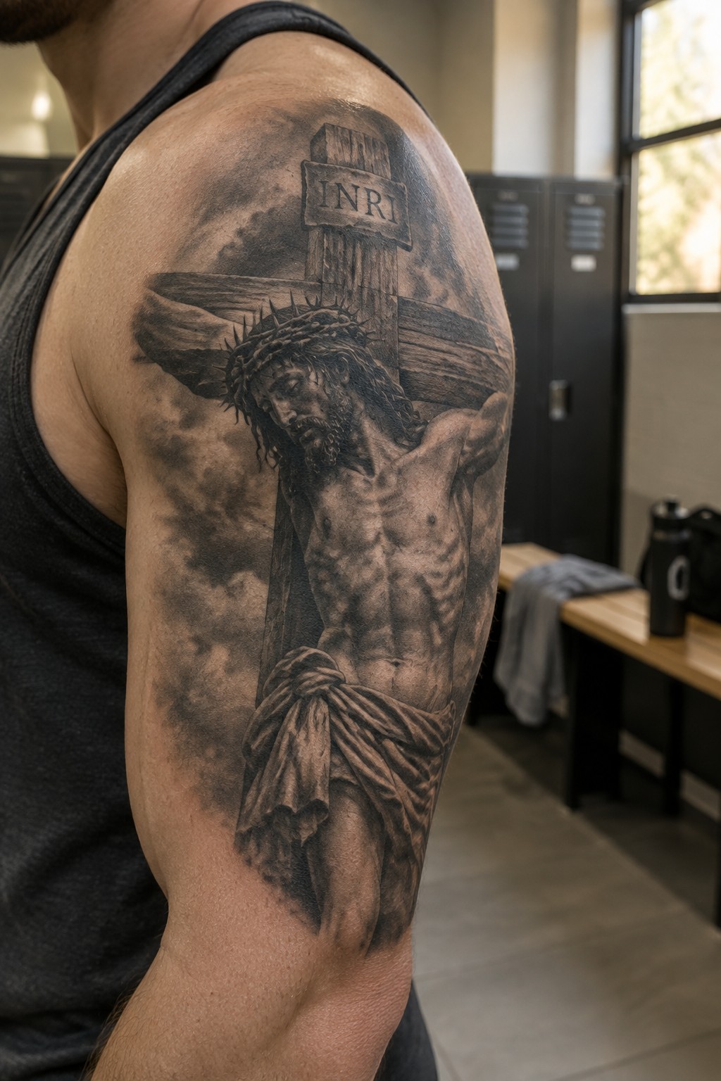 Muscular arm with large black-and-gray Jesus crucifixion tattoo in locker room setting