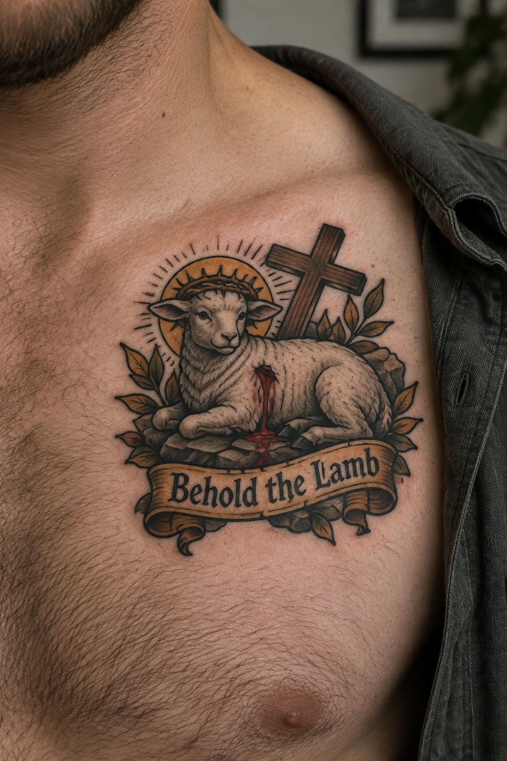 Traditional chest tattoo of a lamb with crown of thorns, wooden cross, and banner reading Behold the Lamb