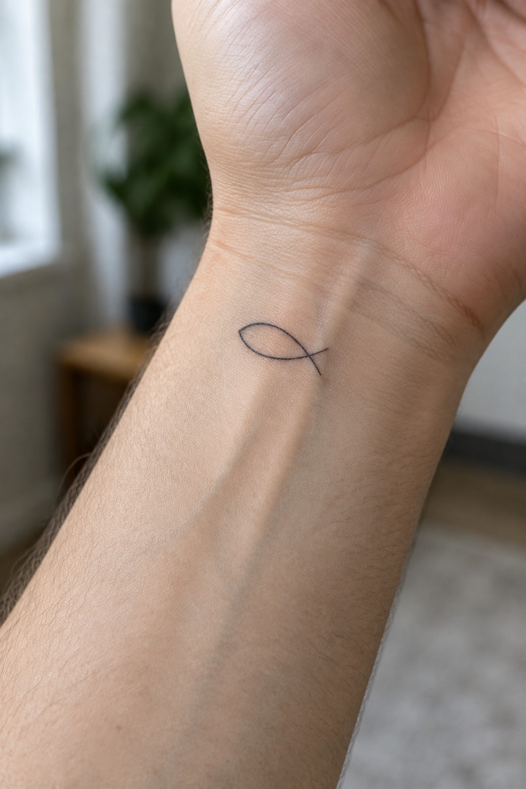 Close-up of light skin wrist with small black fish outline tattoo, blurred background.