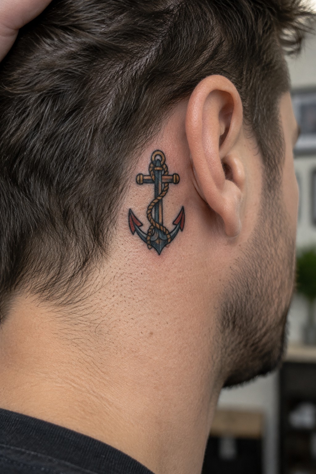 Small anchor tattoo with rope and red accents placed behind the ear