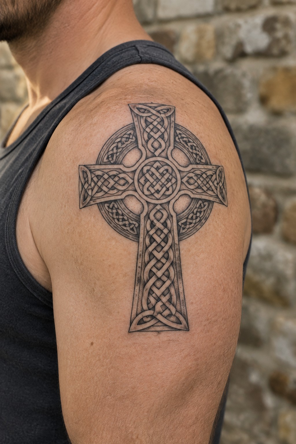 Man's shoulder with intricate Celtic cross tattoo in dark tank top by stone wall