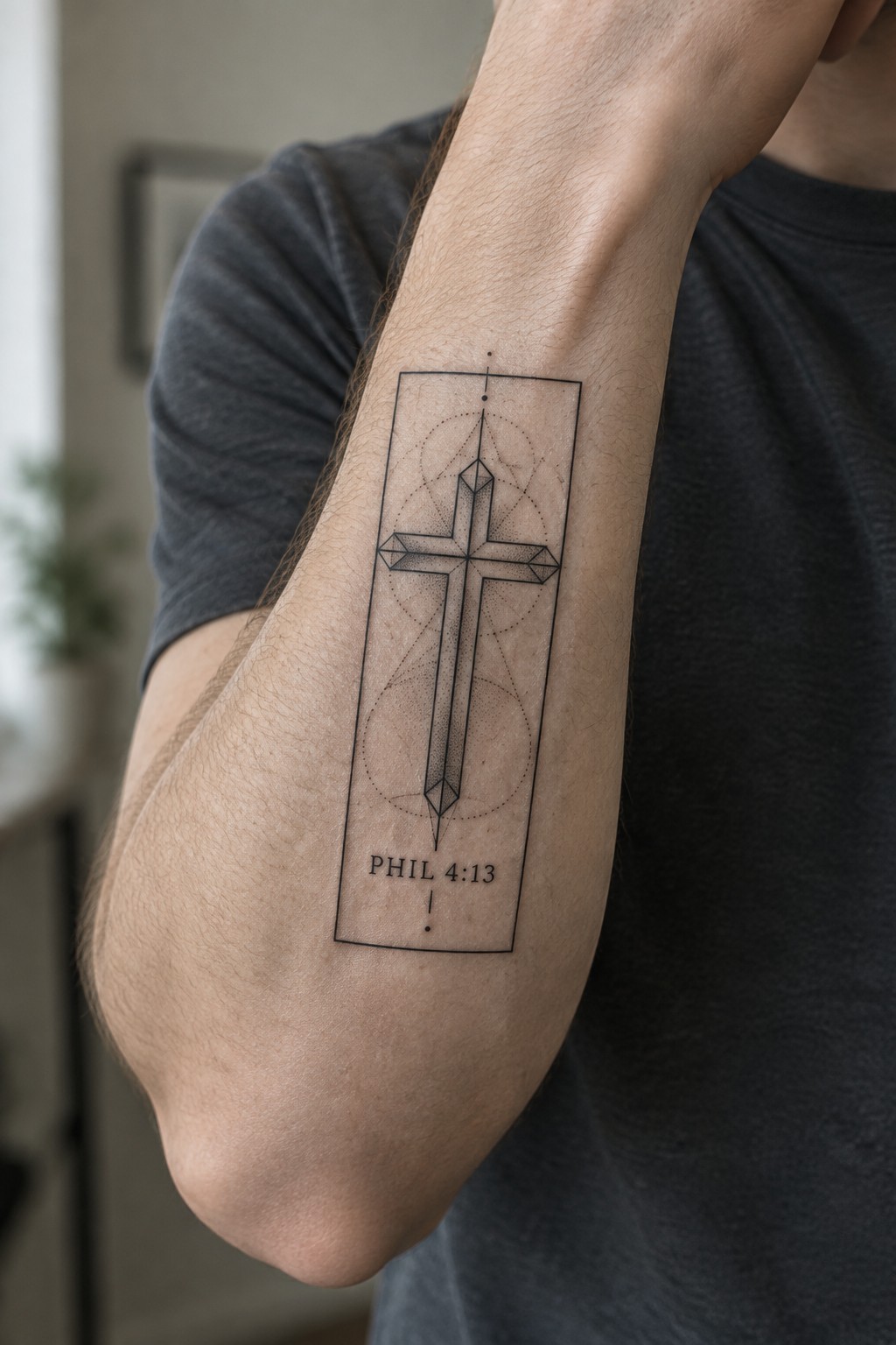 Geometric cross tattoo with PHIL 4:13 on hairy forearm in gray shirt
