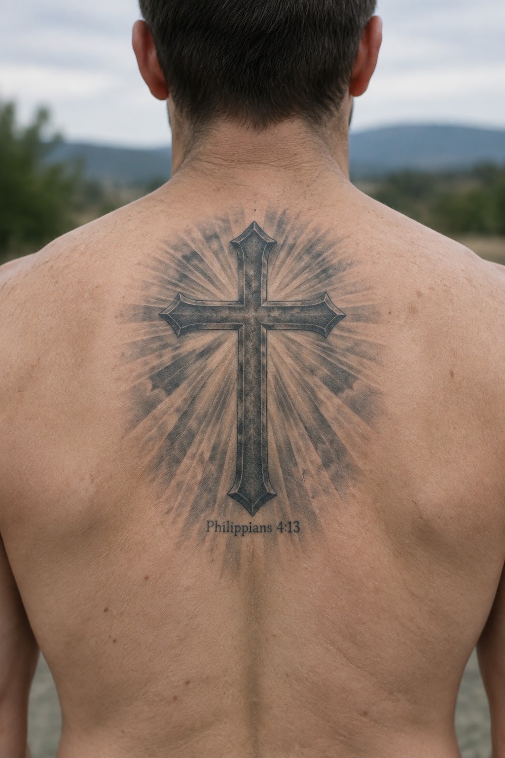 Man's bare back with large cross tattoo, sunburst rays, and Philippians 4:13 text
