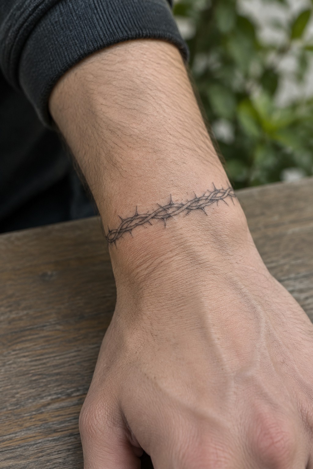 Hairy wrist with black barbed wire tattoo, dark sleeve on wooden surface.
