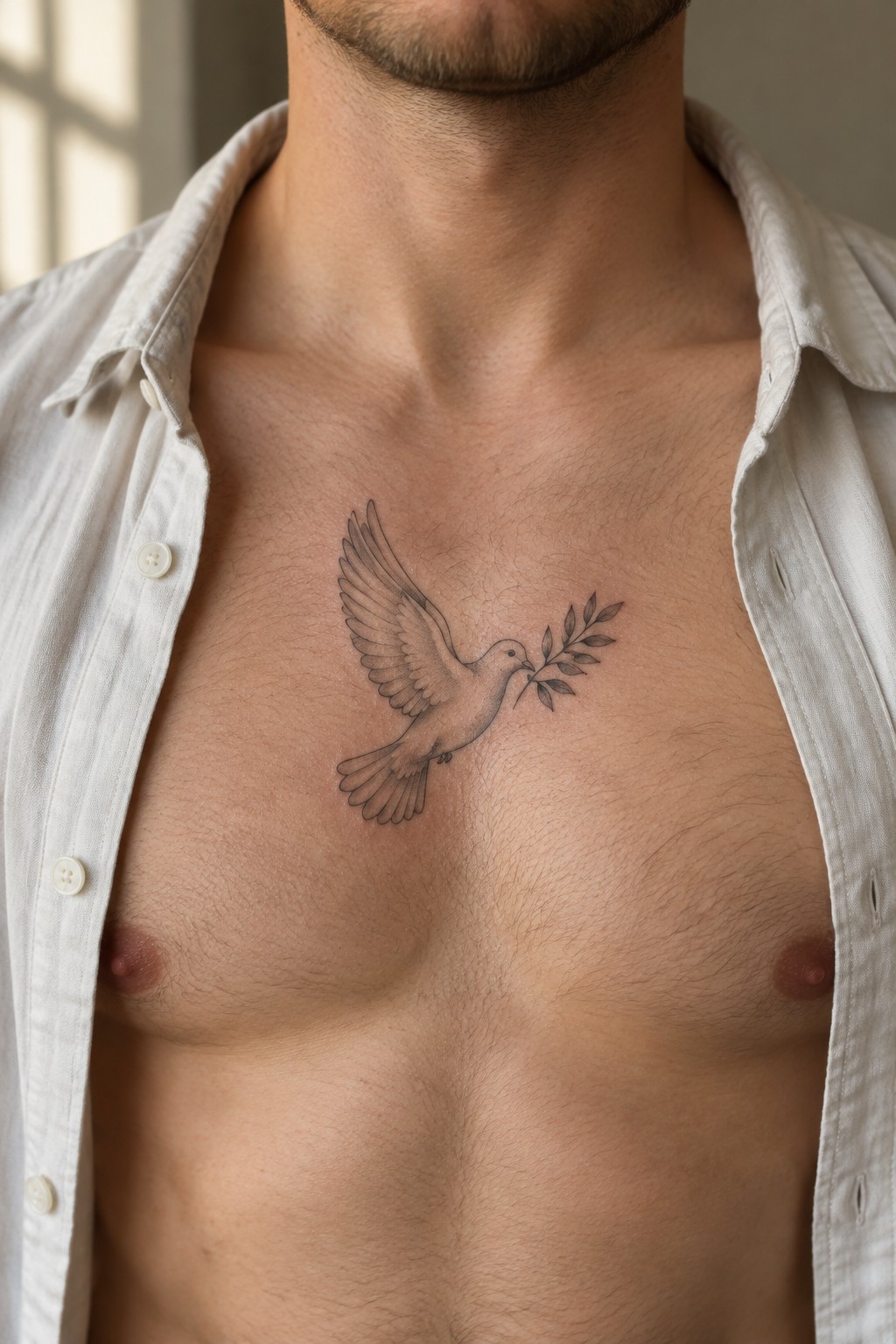 Man's hairy chest with open white shirt and dove olive branch tattoo.