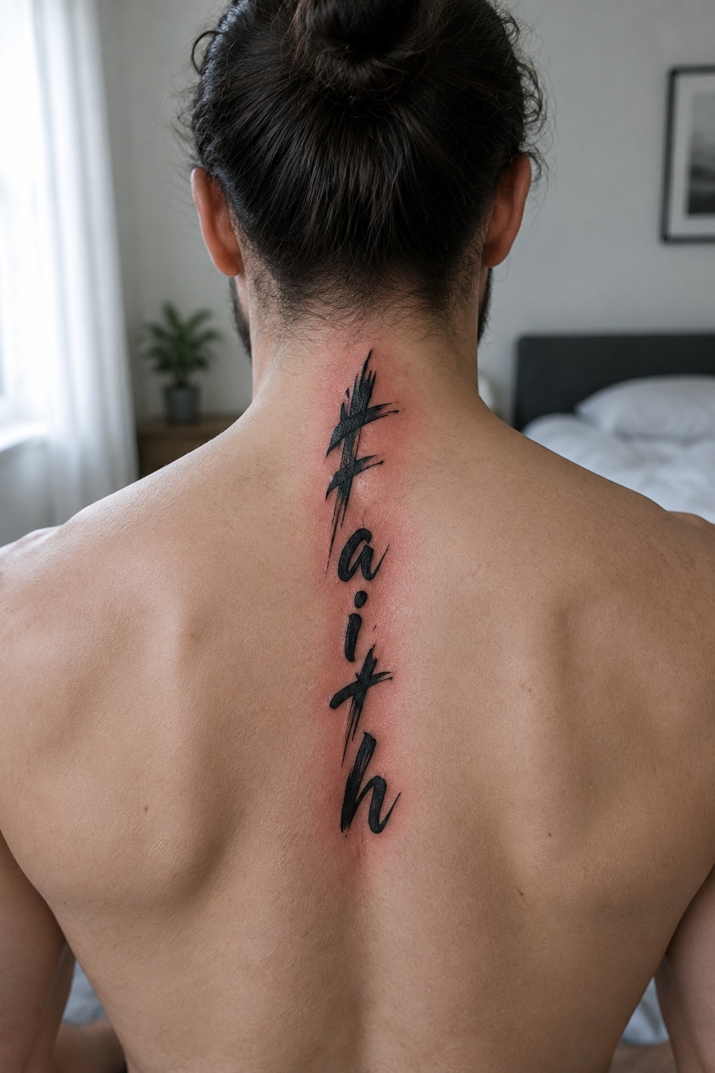 Vertical faith tattoo in black brush stroke lettering along a man's spine from neck to upper back