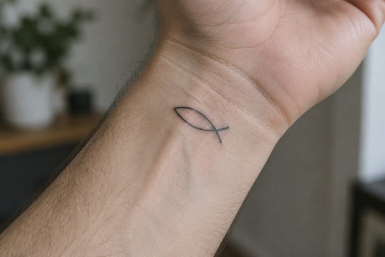 Close-up of light skin wrist with small black fish outline tattoo, blurred background.