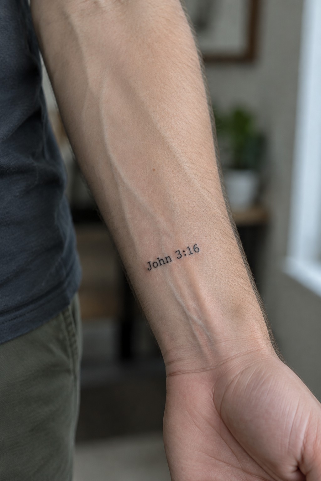 Small black text tattoo reading John 3:16 on the inner forearm of a man wearing a dark shirt and green pants.