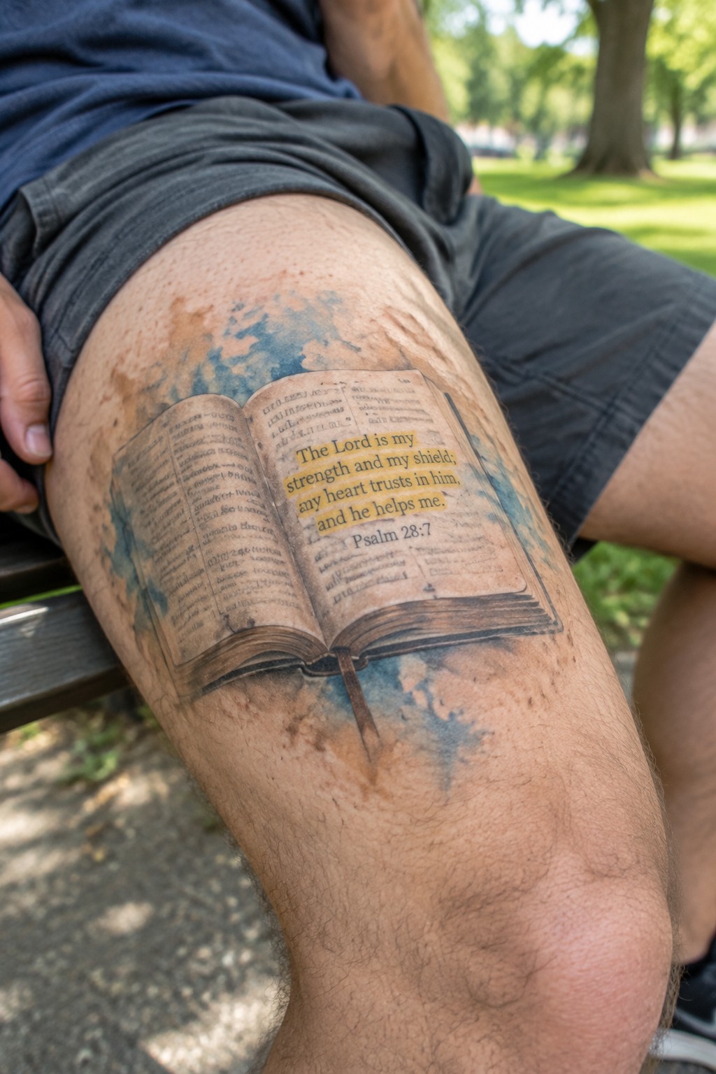 Realistic open book tattoo with Psalm 28:7 text on a man's upper thigh in a park setting