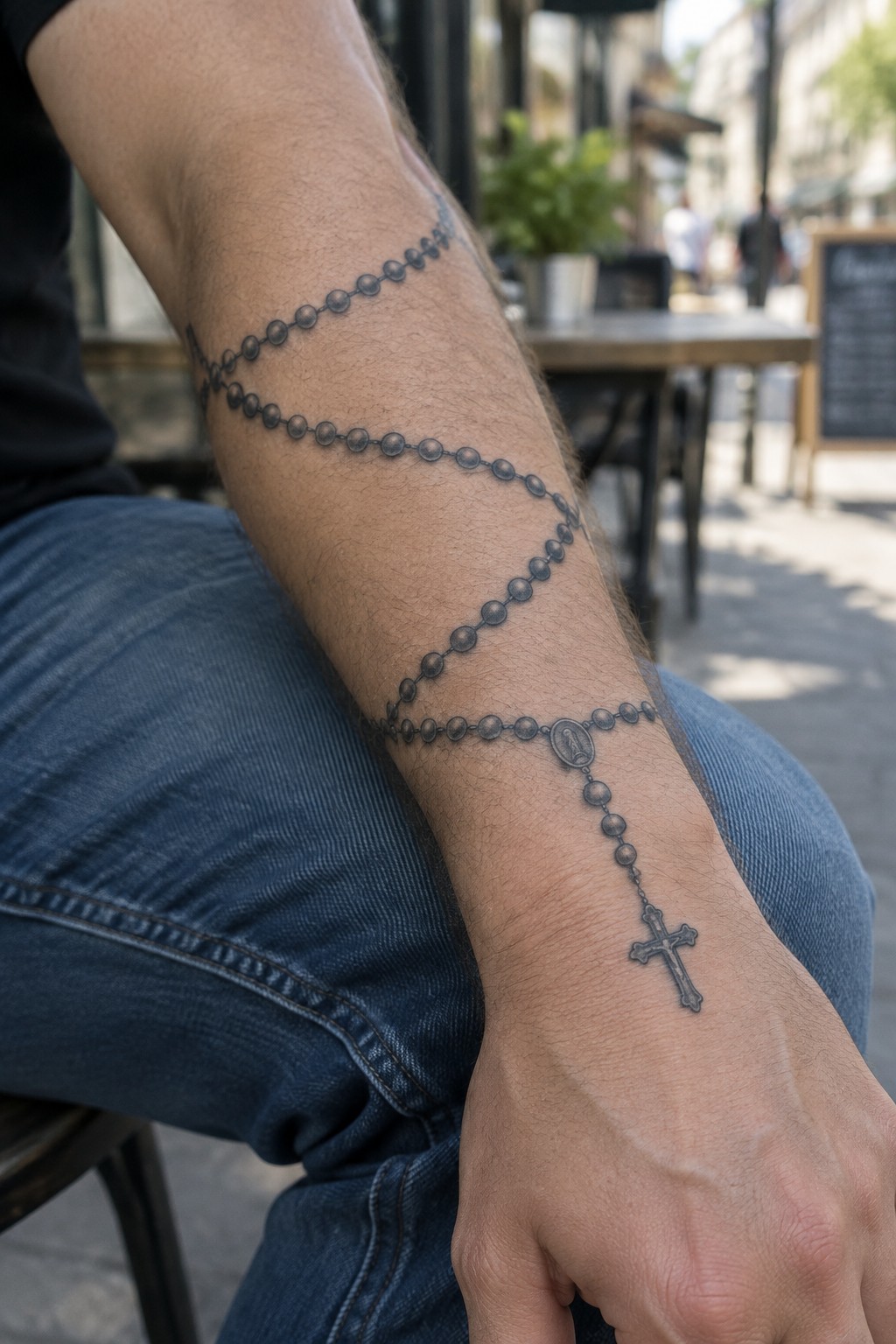 Rosary bead tattoo spirals down a man's arm to a cross on his wrist.