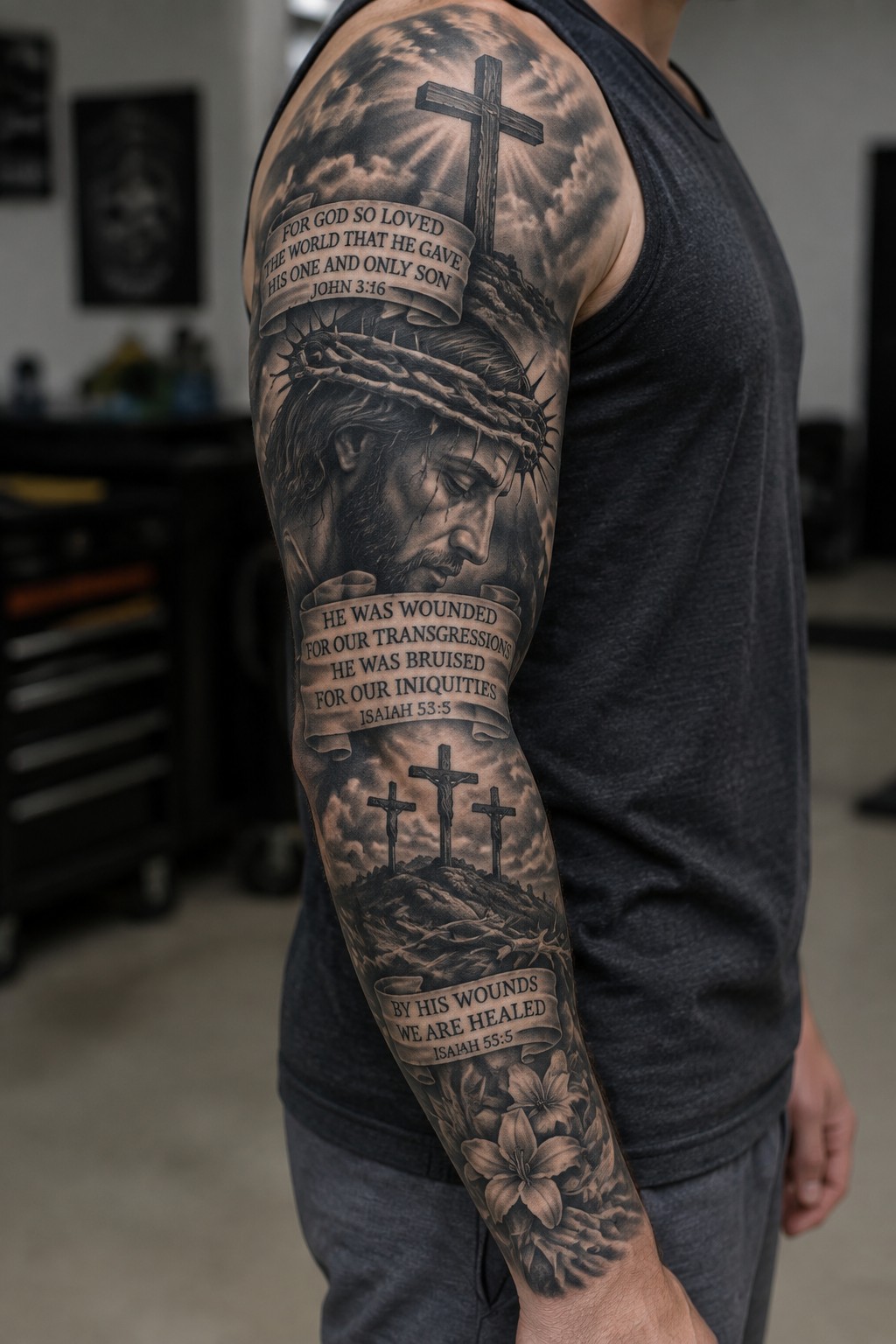 Full sleeve tattoo on a man's arm featuring Jesus with crown of thorns, three crosses on a hill, and banners with Bible verses in realistic black and gray style.