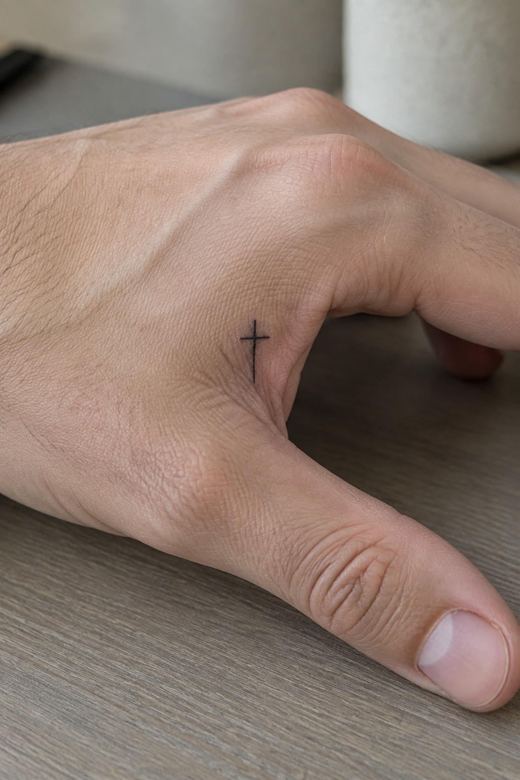 Hand with small black cross tattoo resting on wooden surface.