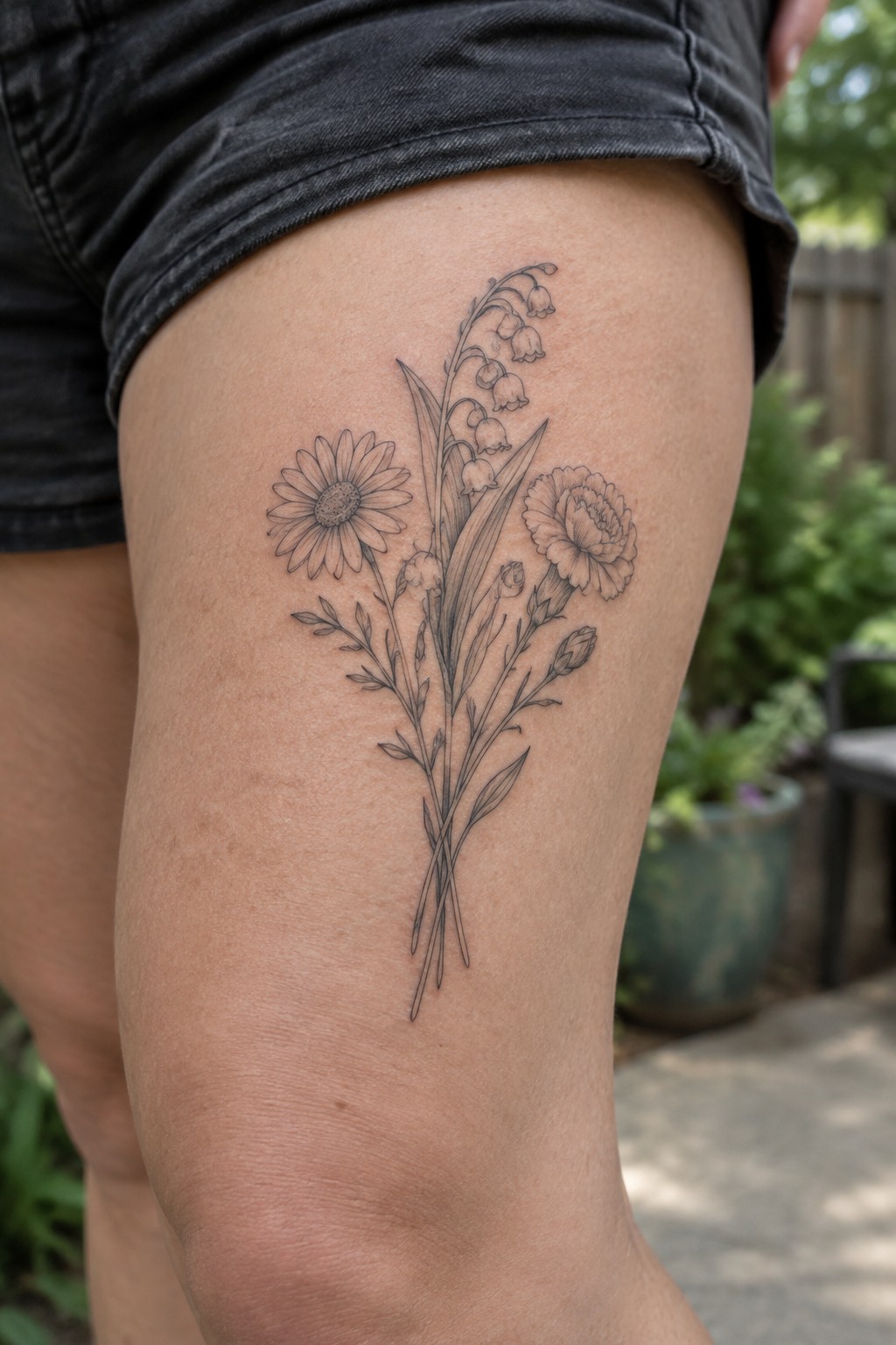 Black line-art floral tattoo of daisy, lilies, and carnation on thigh with denim shorts