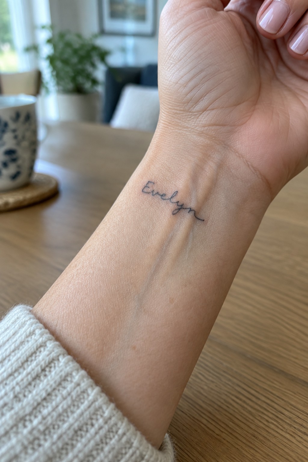 Wrist with black cursive Evelyn tattoo above white knitted sweater cuff on wooden table