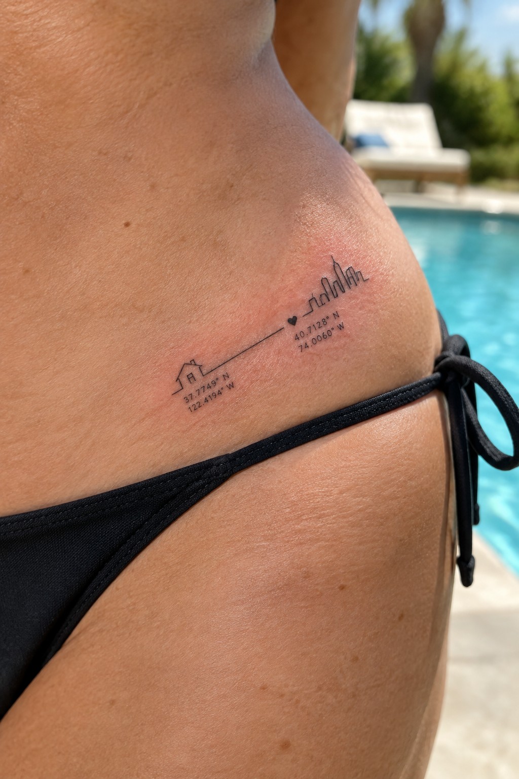 Black bikini bottom with hip tattoo of house, heart line, and skyline with coordinates