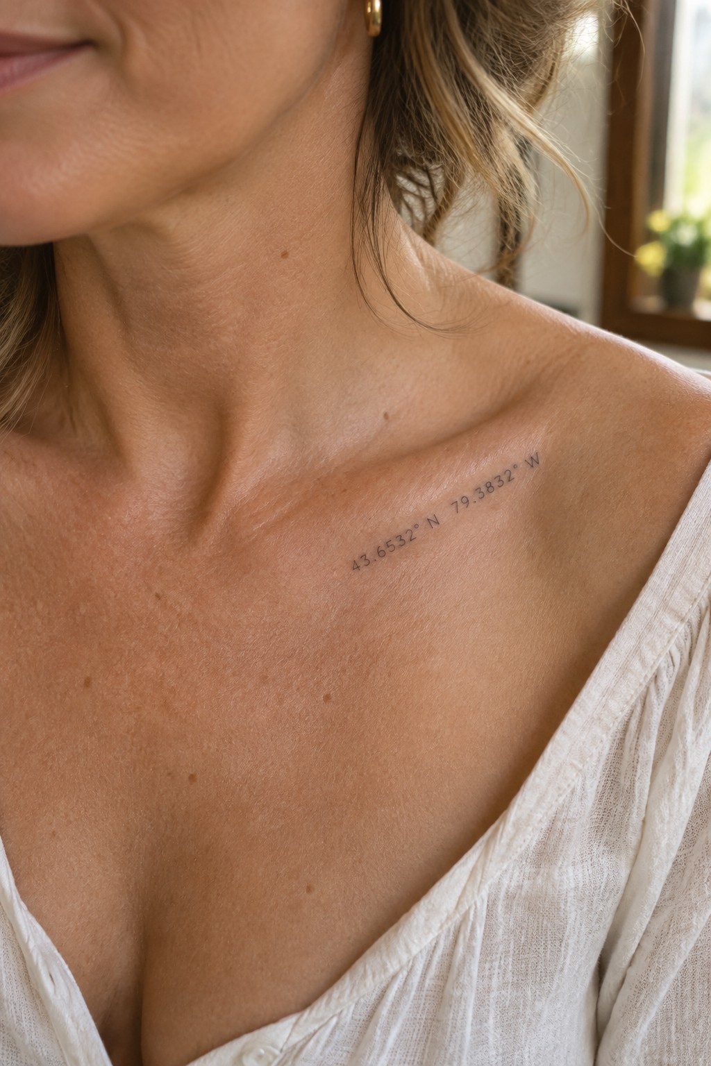 Woman's shoulder with coordinate tattoo 43.6532° N 79.3832° W, white linen top.