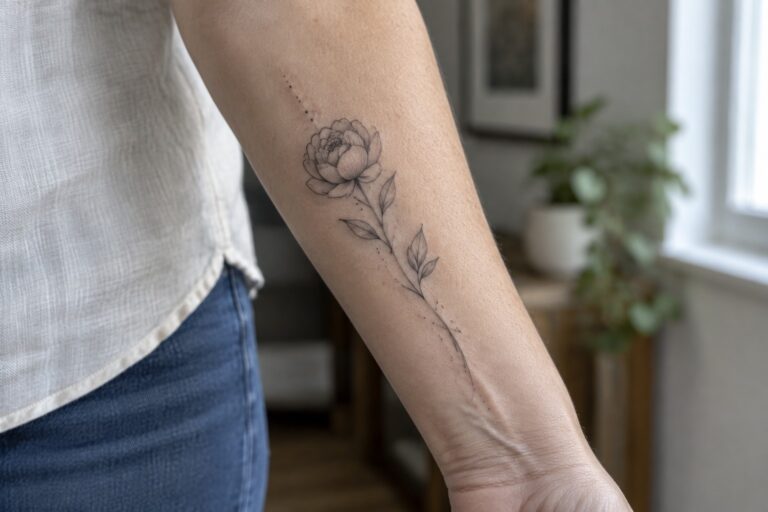 19 Meaningful Fine Line Tattoos for Women Over 40 Built Around Personal Symbols Arm with delicate peony tattoo, wearing white sweater and blue jeans