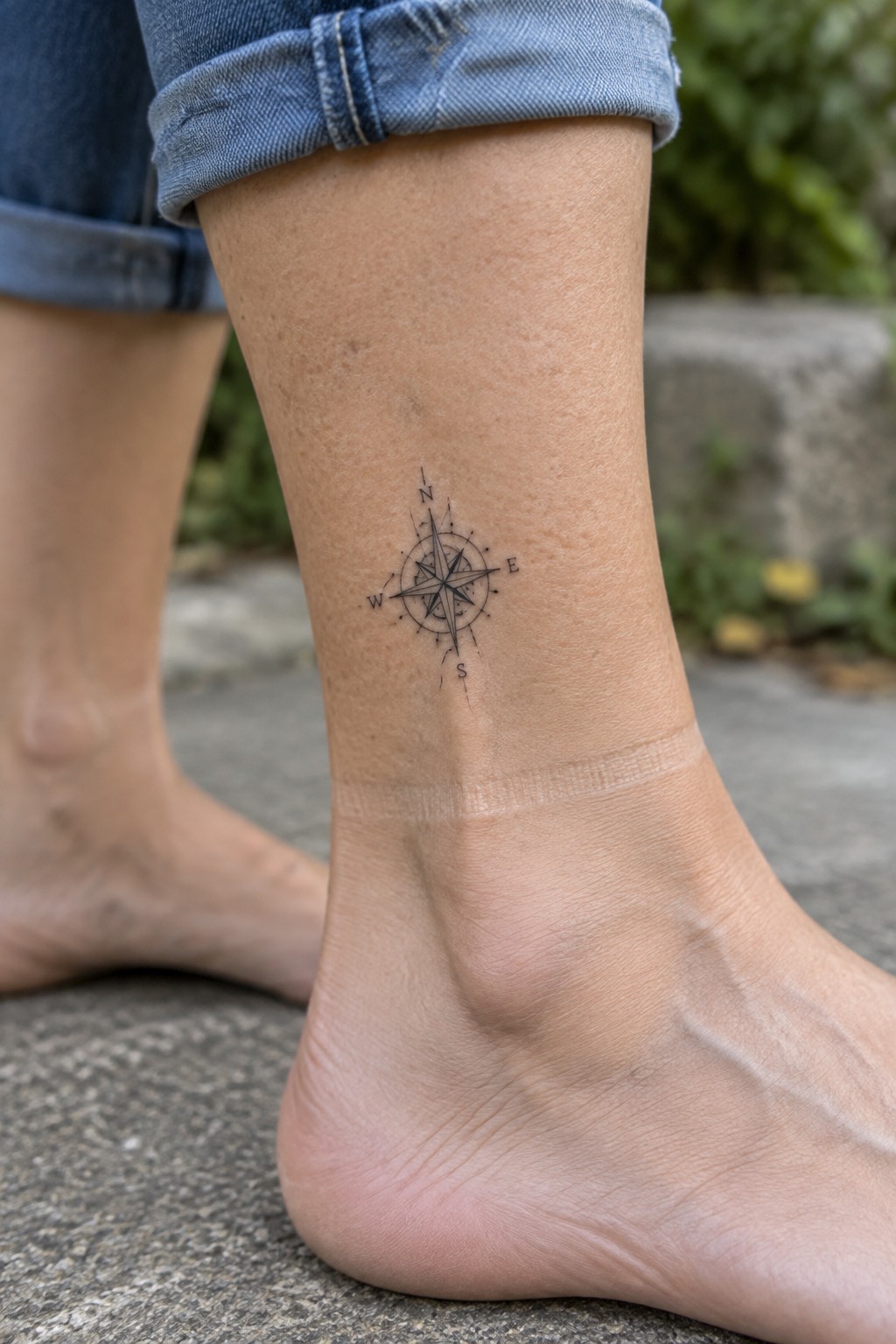 Fine line compass rose tattoo on a woman's ankle with north east south and west marked