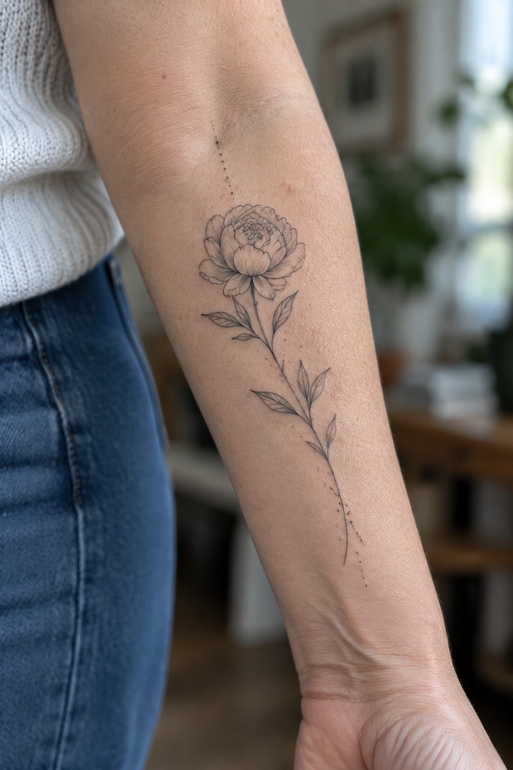 Arm with delicate peony tattoo, wearing white sweater and blue jeans