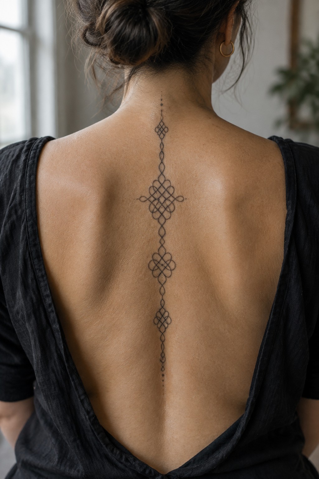 Woman's bare back with elaborate symmetrical black spine tattoo under open-back top