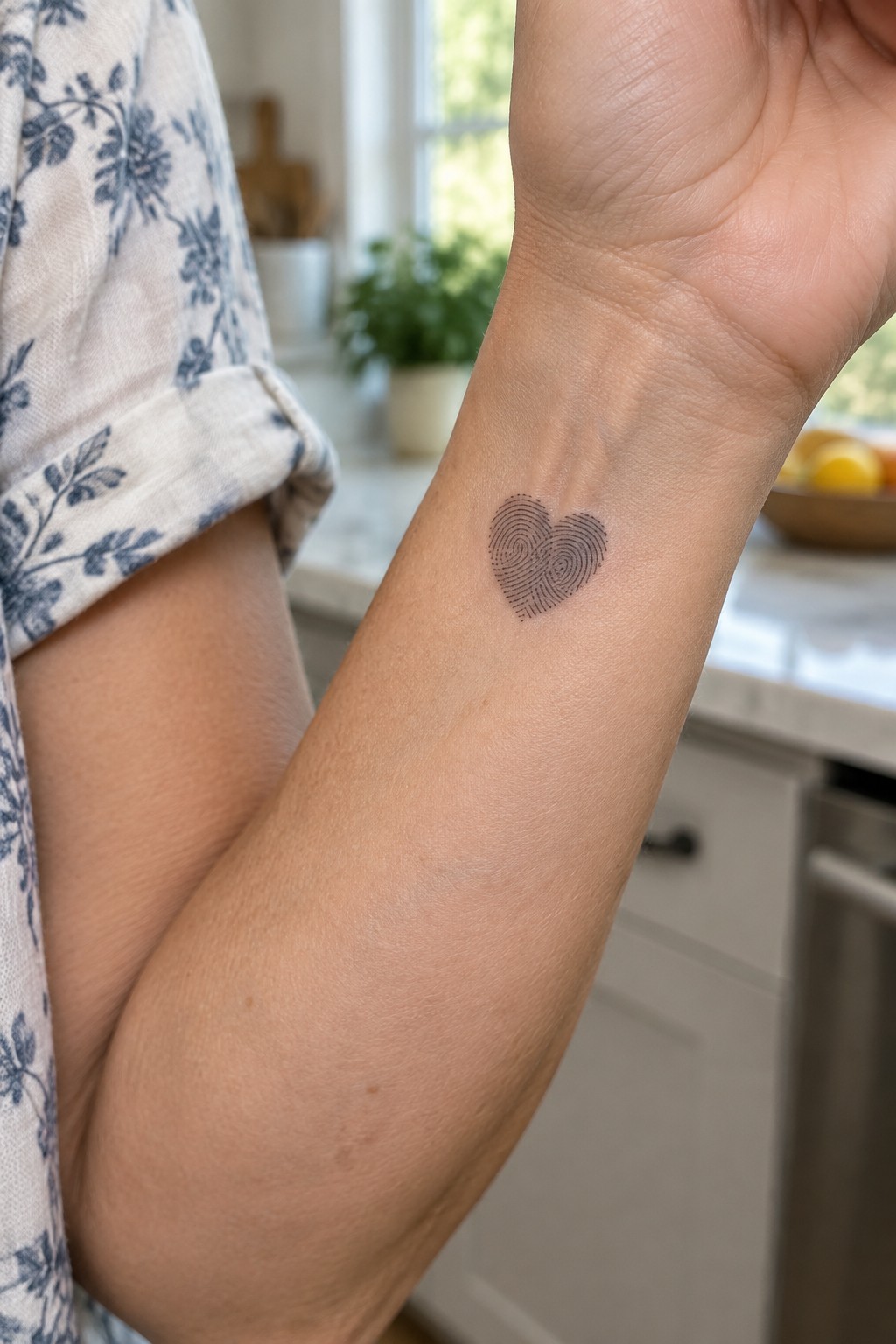 Heart fingerprint tattoo on wrist with blue floral blouse sleeve