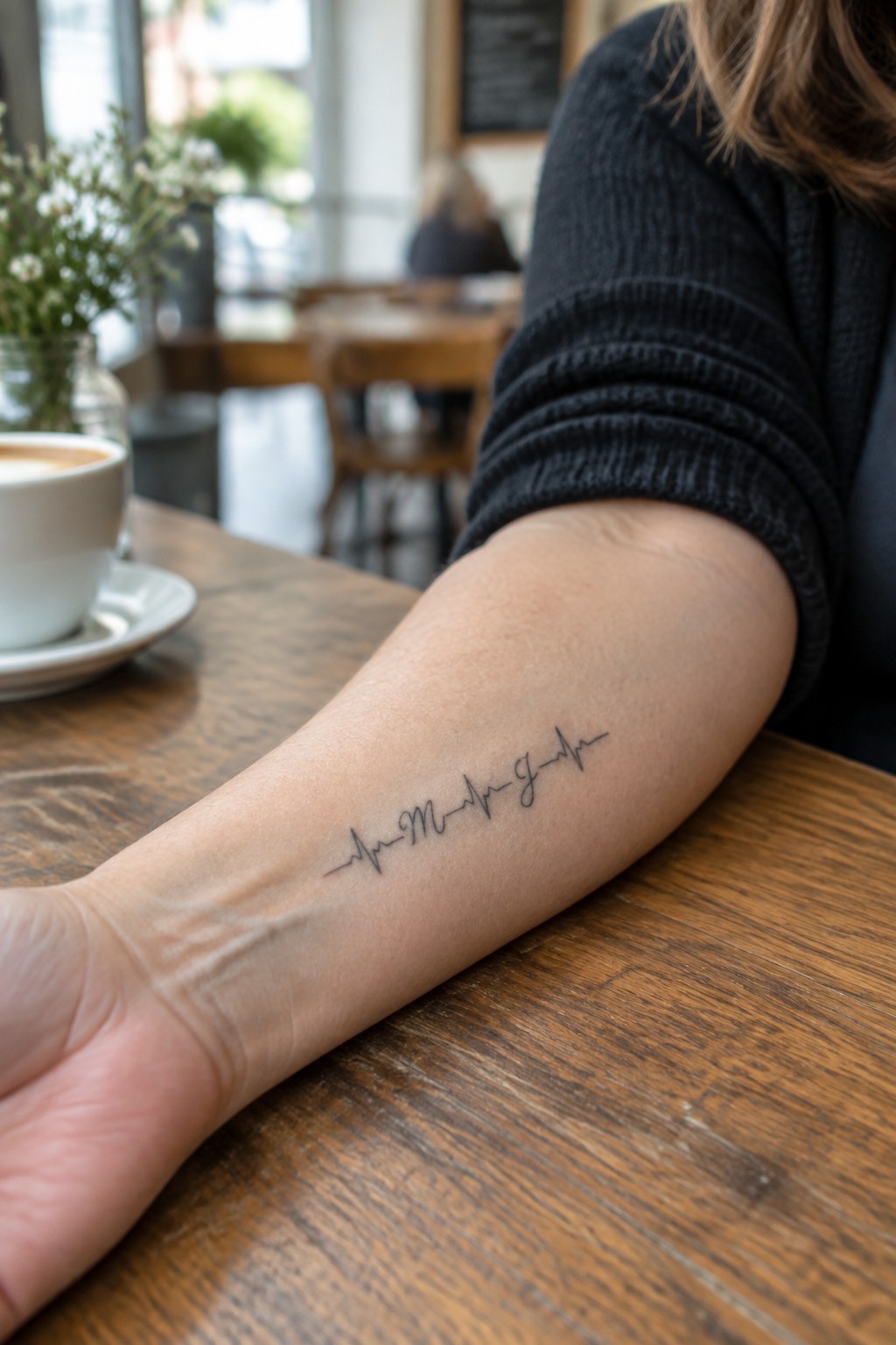 Arm with heartbeat tattoo on wooden cafe table beside coffee cup