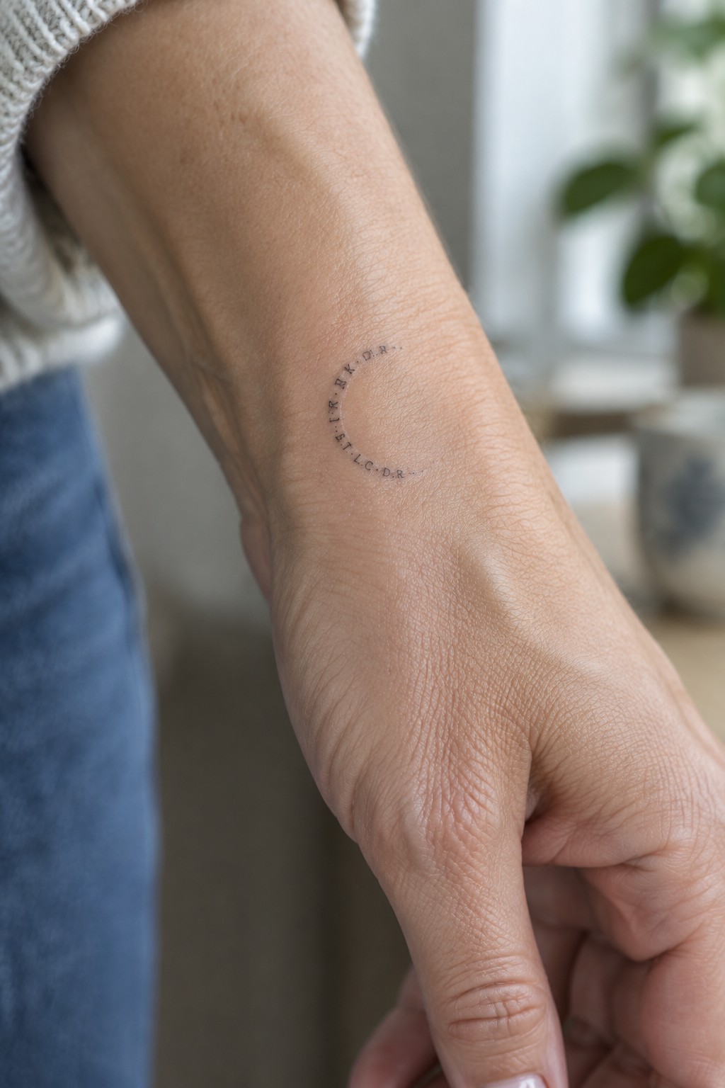 Fine line tattoo of multiple initials arranged in a crescent moon arc on the inner wrist.
