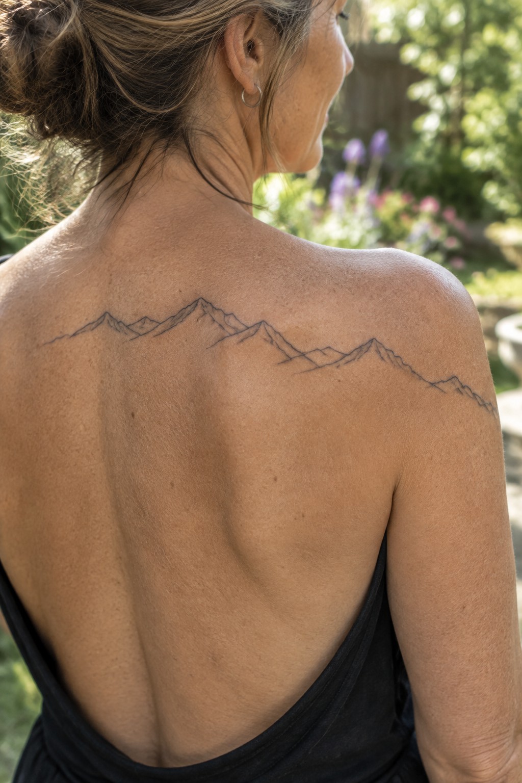 Woman's back with mountain range tattoo above black tank top in garden