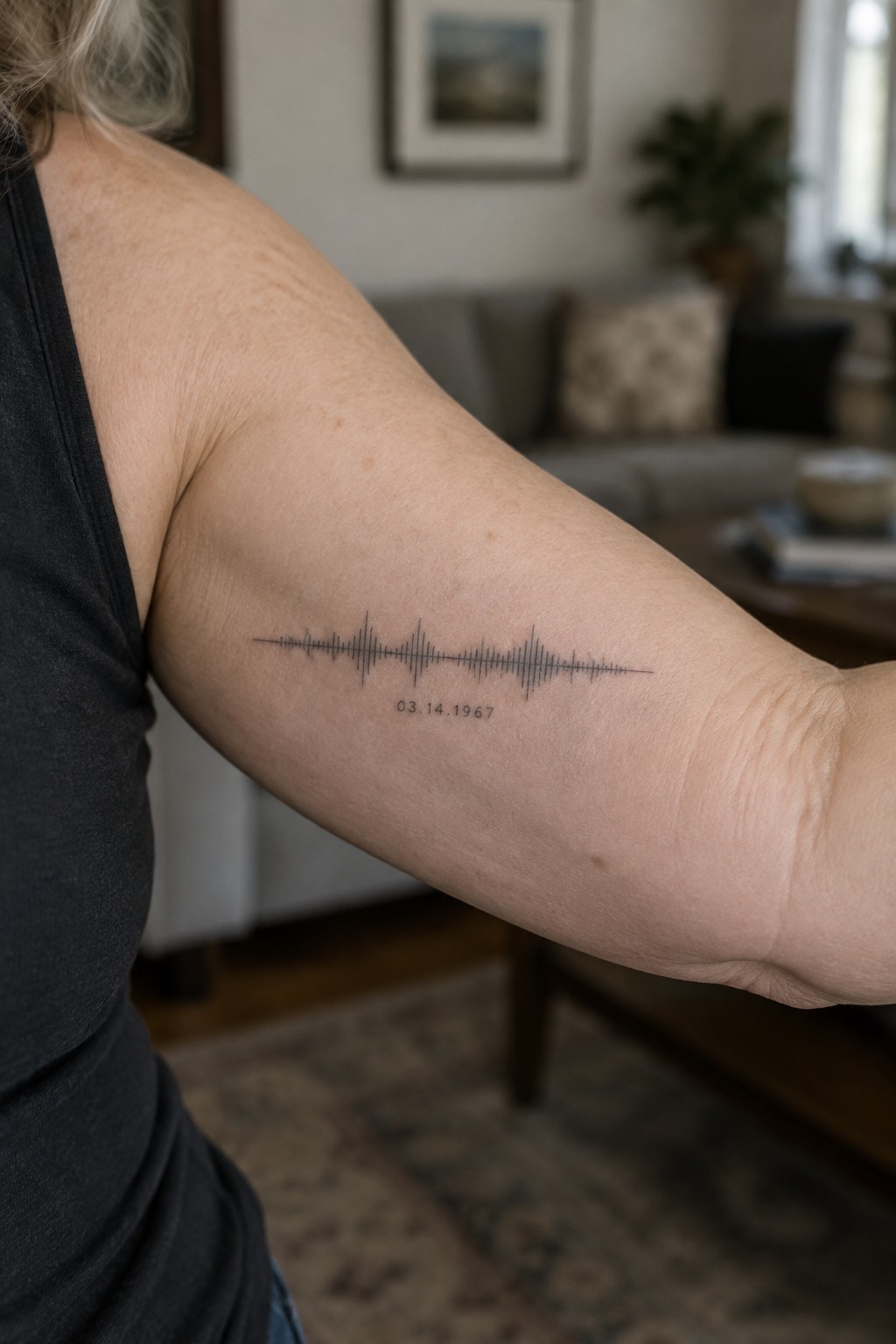 Upper arm in black sleeveless top with soundwave tattoo dated 03.14.1967