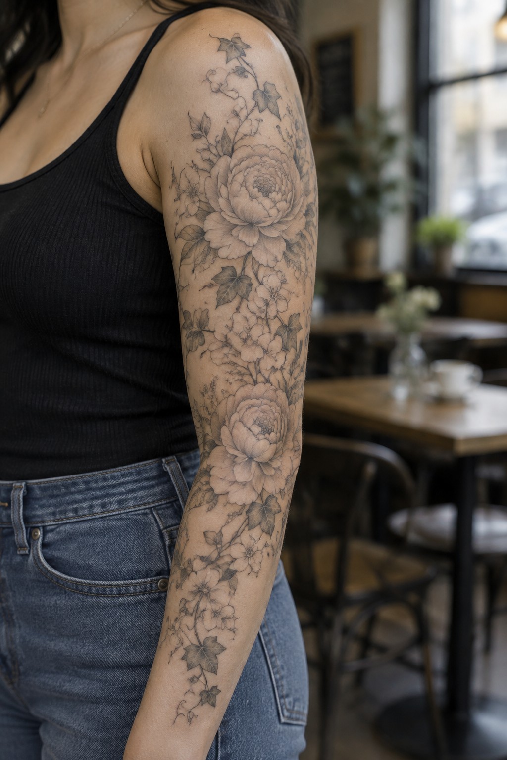 Woman in black tank top with large black-and-gray floral tattoo on arm in cafe