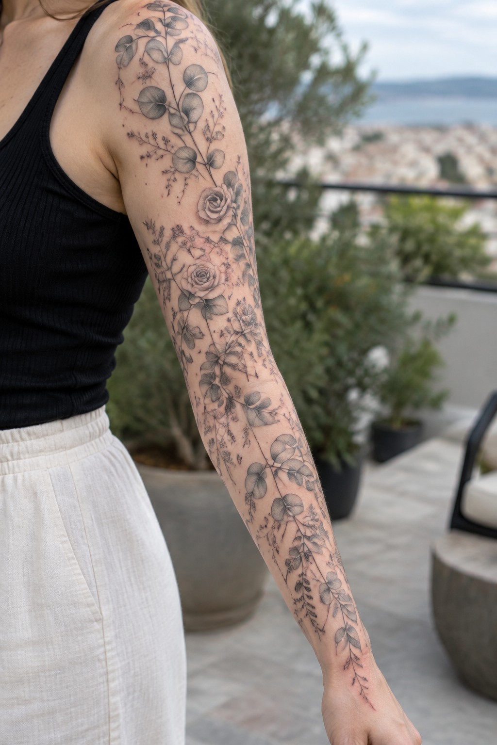 Woman's arm with detailed black-and-gray rose and leaf tattoo, black top visible.