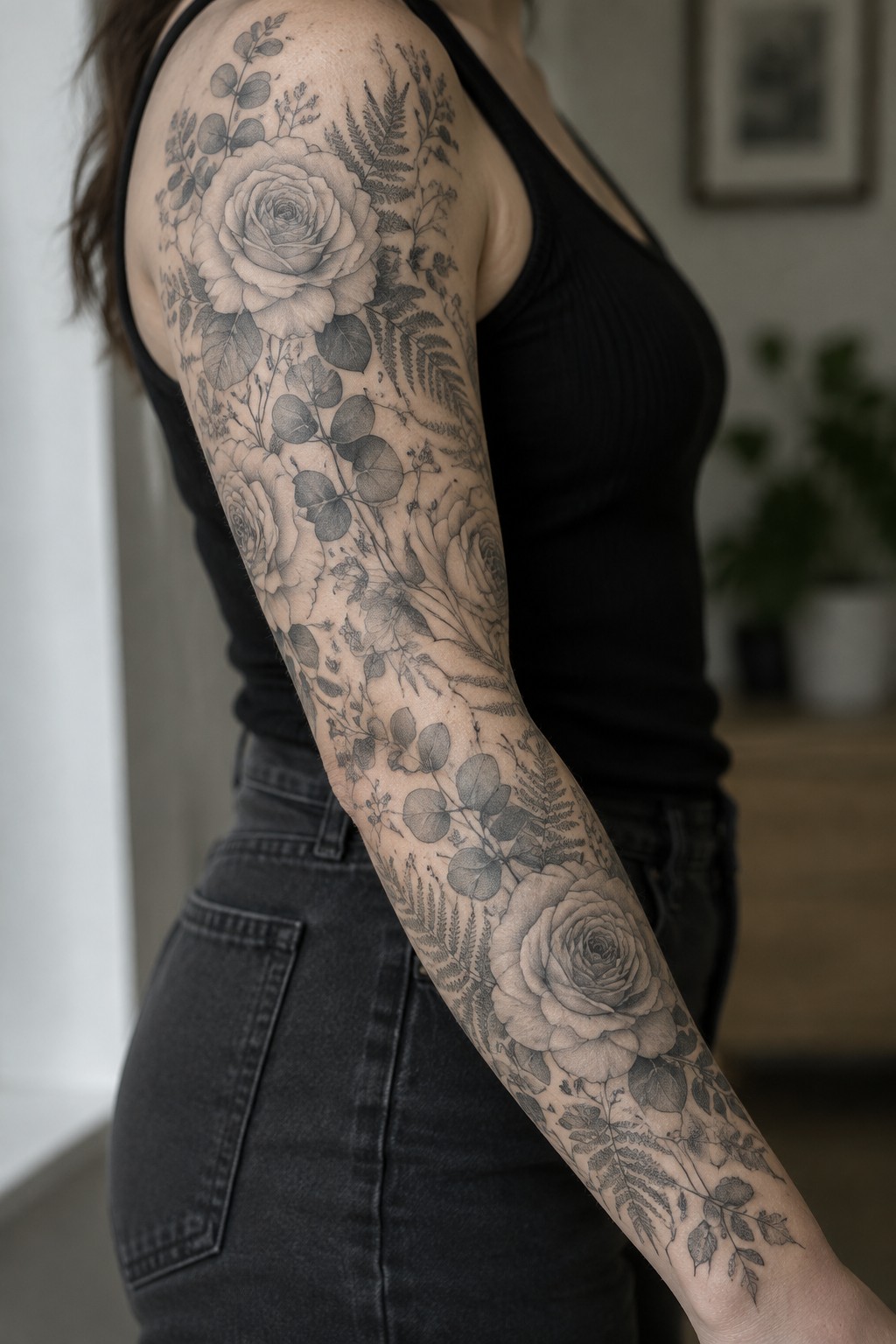 A woman's full arm sleeve tattoo featuring layered black and grey fine line roses, eucalyptus leaves, and ferns.