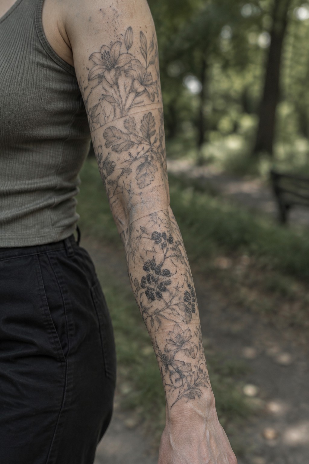 Close up of a woman's arm with a fine line botanical sleeve tattoo showing stacked flowers, leaves, and berries from shoulder to wrist.