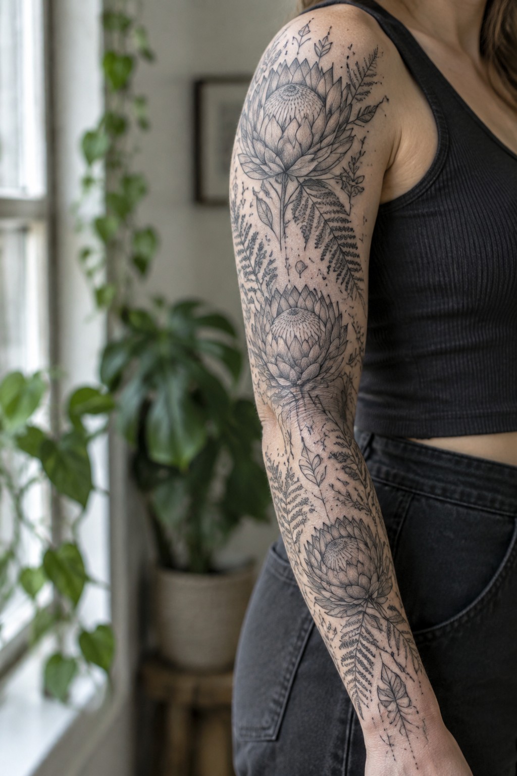 Arm with intricate black-and-gray tattoo of protea flowers, leaves, and ferns, black tank top.