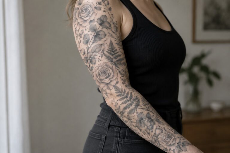 A woman's full arm sleeve tattoo featuring layered black and grey fine line roses, eucalyptus leaves, and ferns.