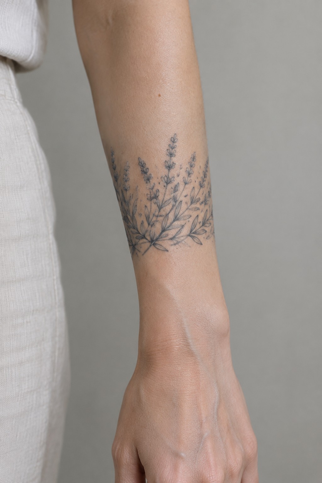 Arm with delicate botanical tattoo on forearm beside white clothing