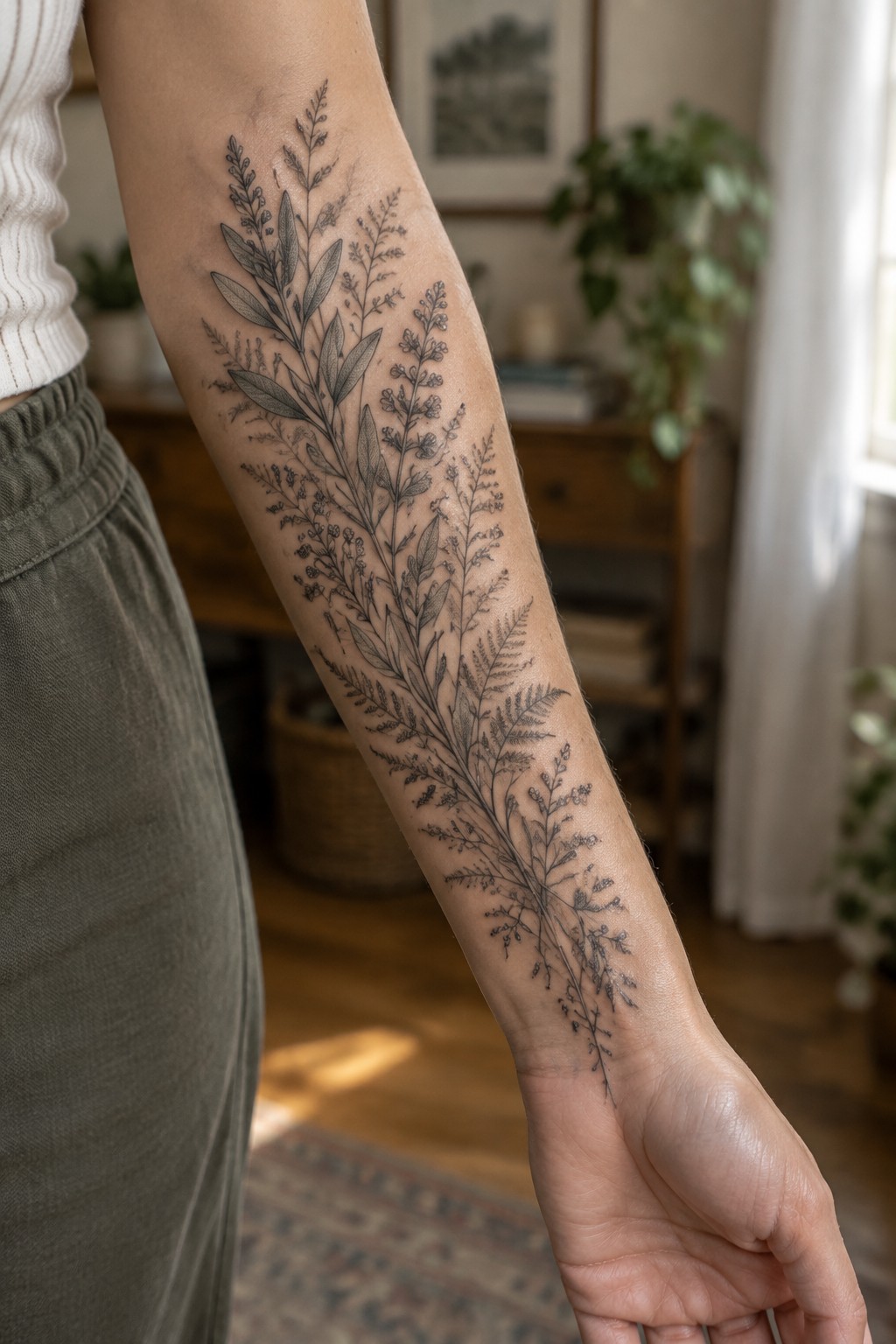 Intricate black botanical tattoo of leaves, ferns, and flowers on an arm.