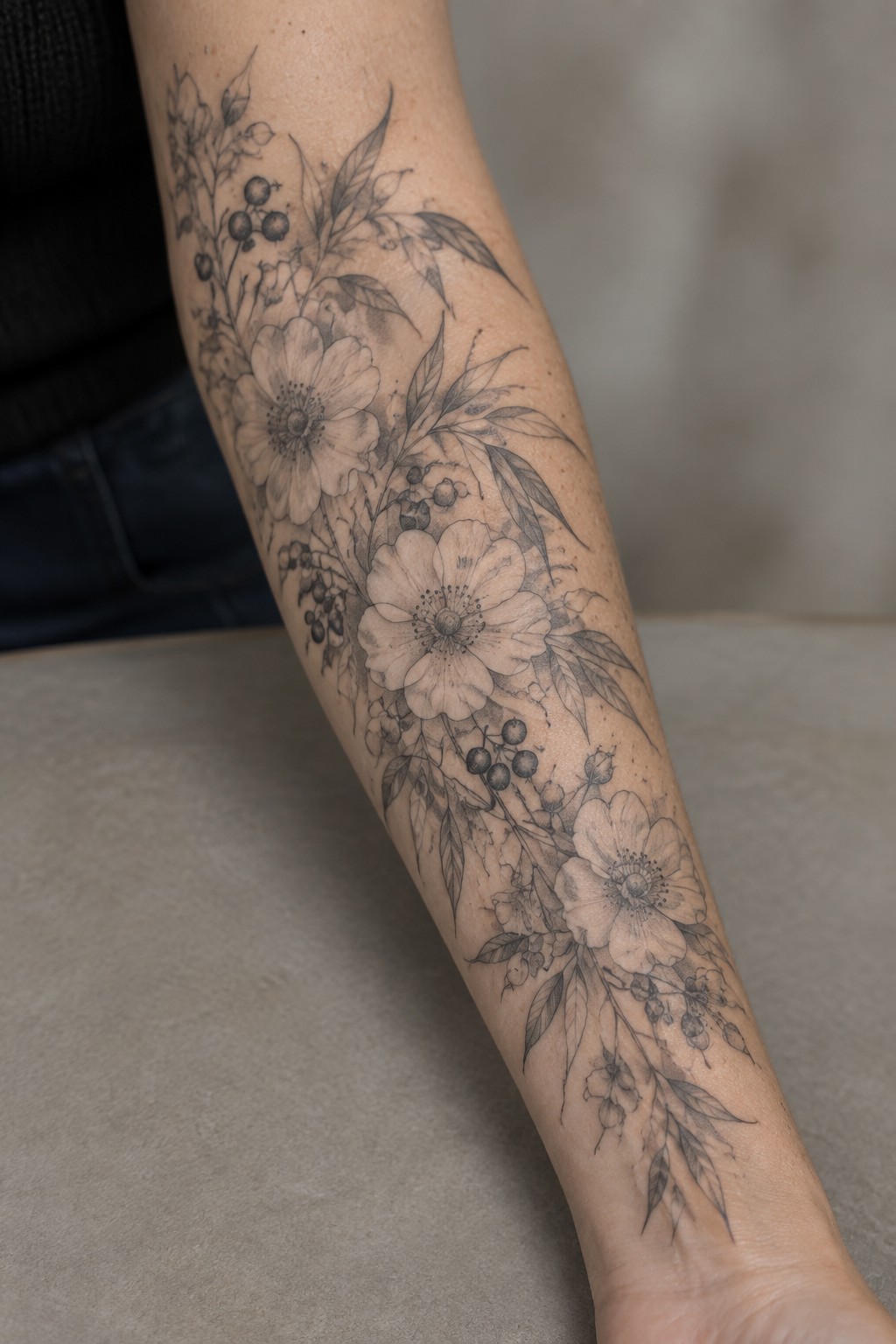 Detailed grayscale floral tattoo with flowers, leaves and berries on forearm