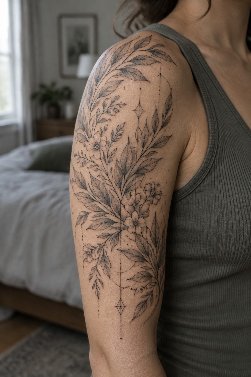 Woman's upper arm with large floral tattoo, leaves and flowers, in gray tank top.