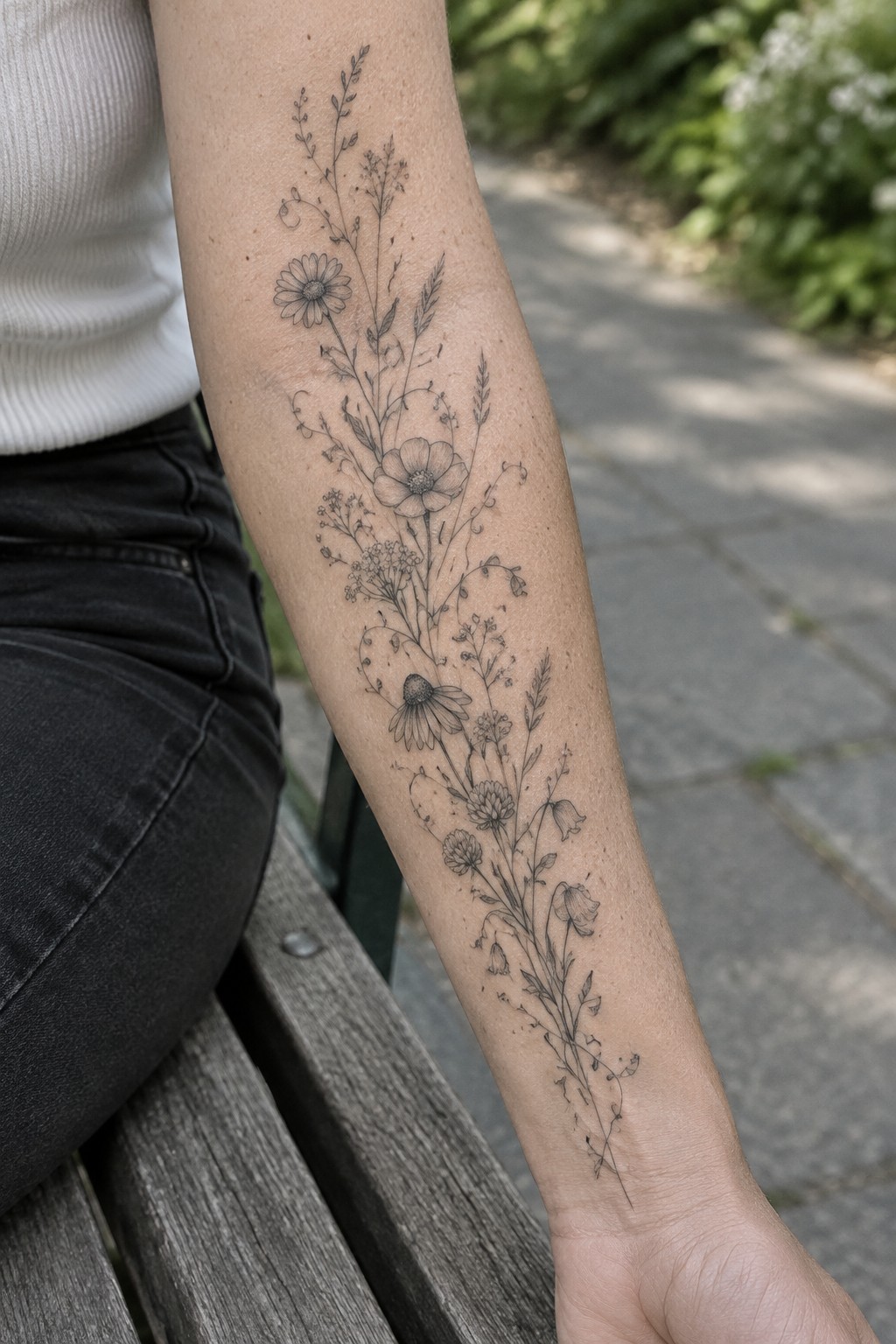 Fine line black ink tattoo of layered wildflowers running vertically along the inner forearm.