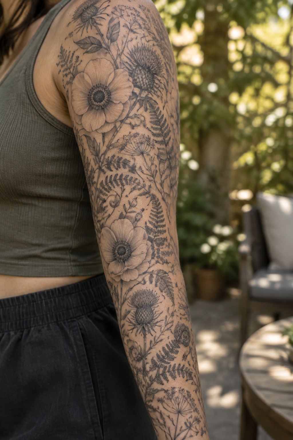 Woman's arm with black floral tattoo wearing olive tank top in garden.